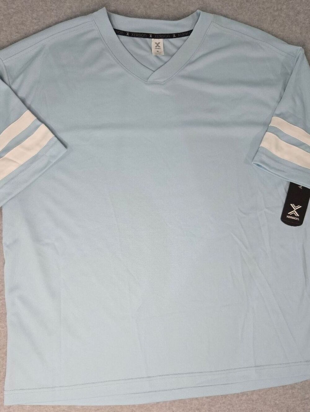 Xersion Light Blue V-Neck Athletic T-Shirt with White Sleeve Stripes